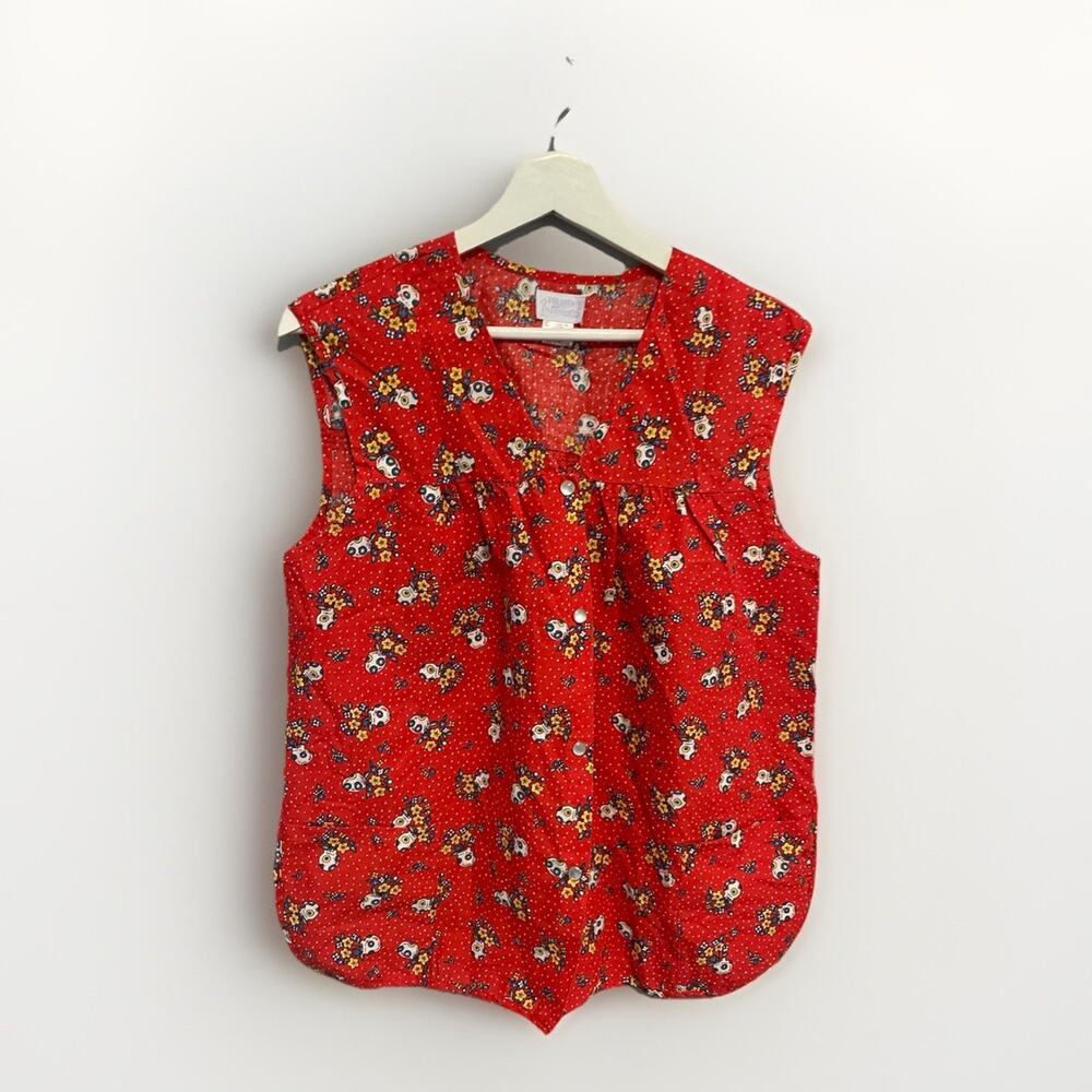 Vintage Red Floral Blouse Flower‎ Pot Short Sleeve Maximalist Retro Top Large